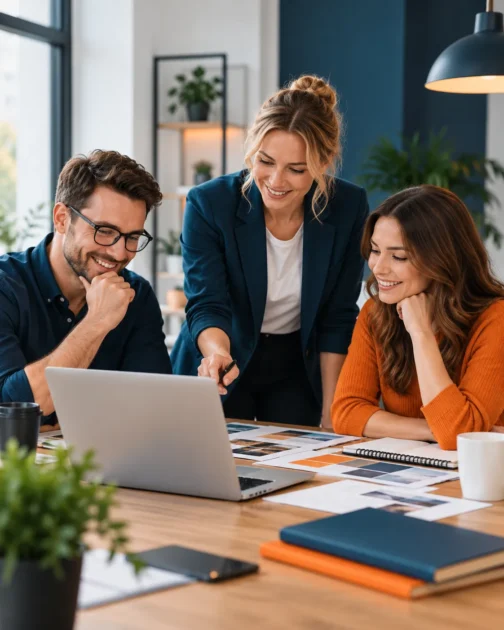 Drei Marketingexperten besprechen gemeinsam kreative Werbeideen, digitale Marketingstrategien und Möglichkeiten zur erfolgreichen Zusammenarbeit in einem modernen Büro.